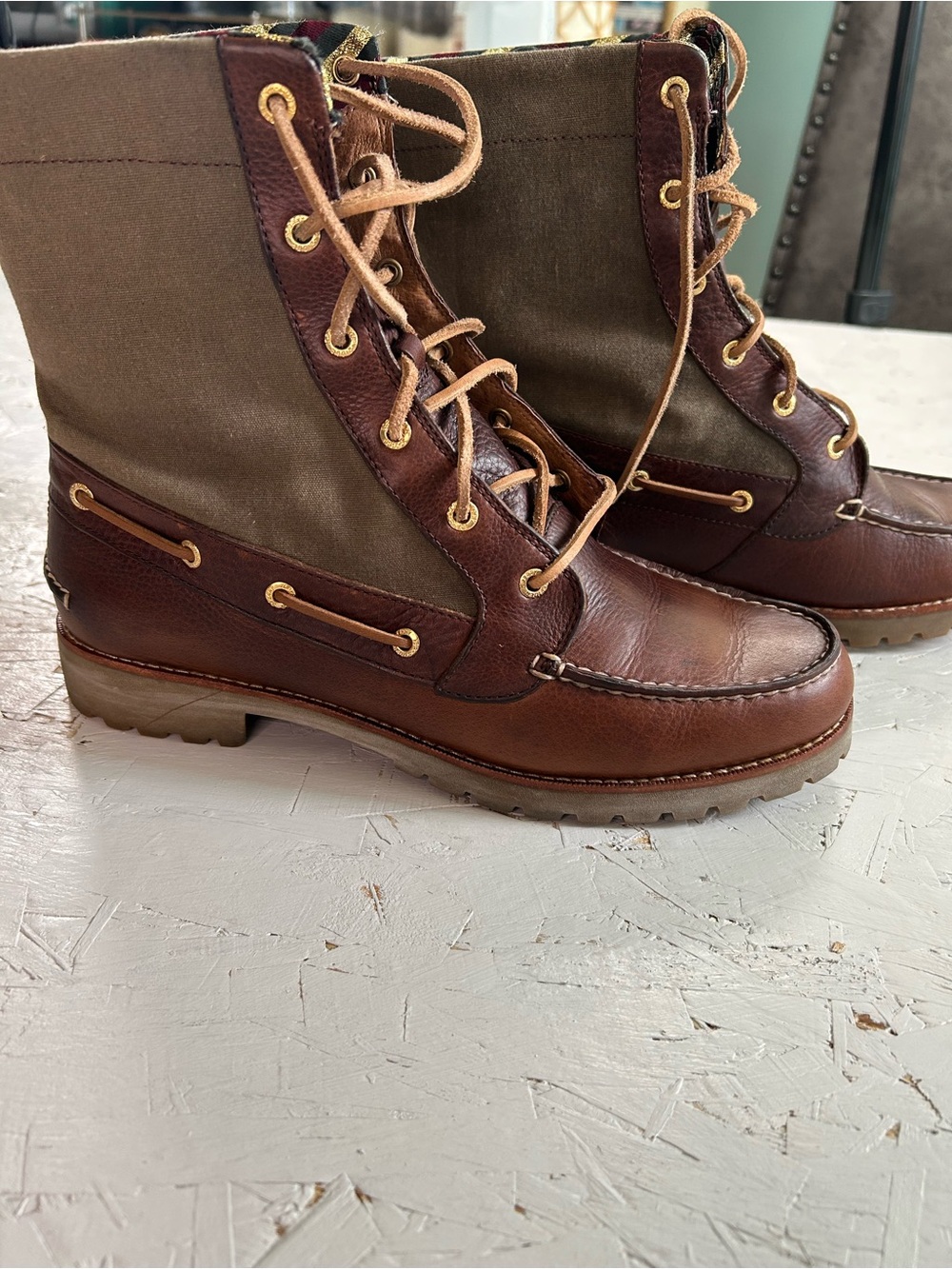 Sperry Women's Brown Lace-Up Leather Boots on with khaki green sides